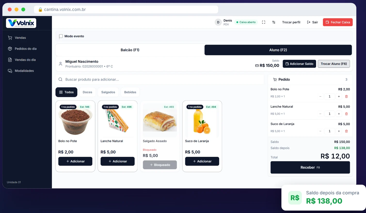 PDV da Volnix no modo aluno, mostrando saldo do aluno, produto bloqueado pelos pais e saldo após a compra