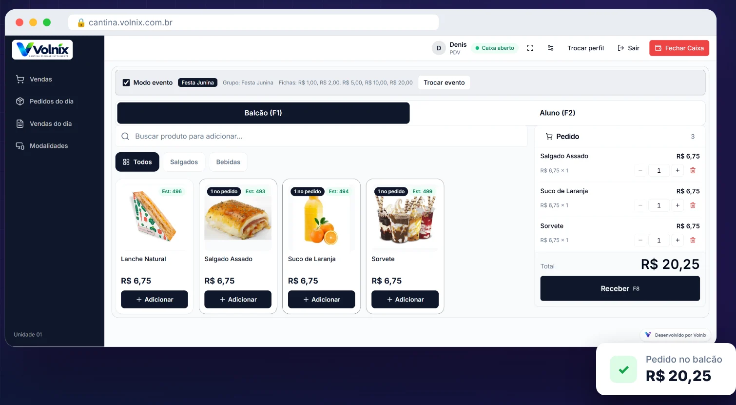 PDV da Volnix no modo balcão, com produtos da cantina, estoque por item e o pedido do cliente com total a receber