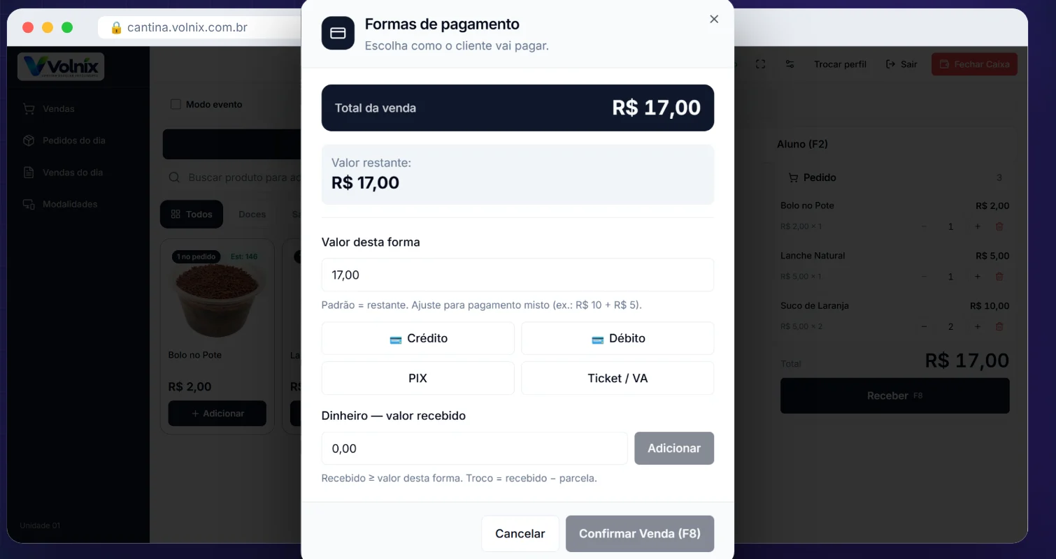 Tela de formas de pagamento do PDV da Volnix, com crédito, débito, PIX, ticket, dinheiro com troco e pagamento misto