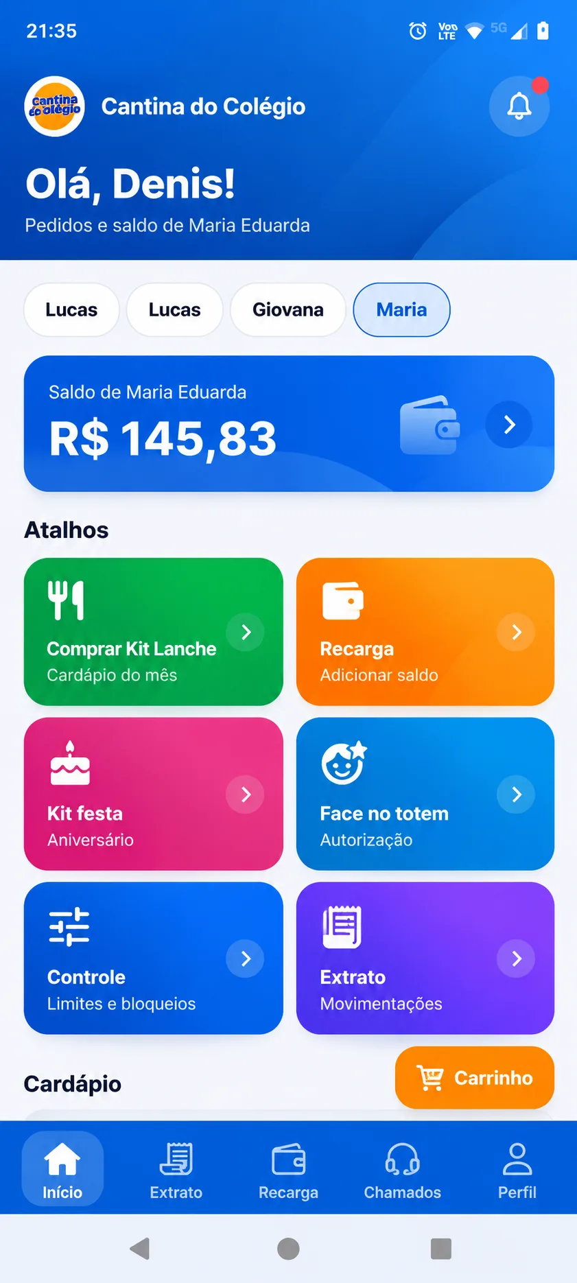 Aplicativo para cantina escolar da Volnix com saldo do aluno, atalhos de kit lanche, recarga, kit festa, face no totem, limites e extrato